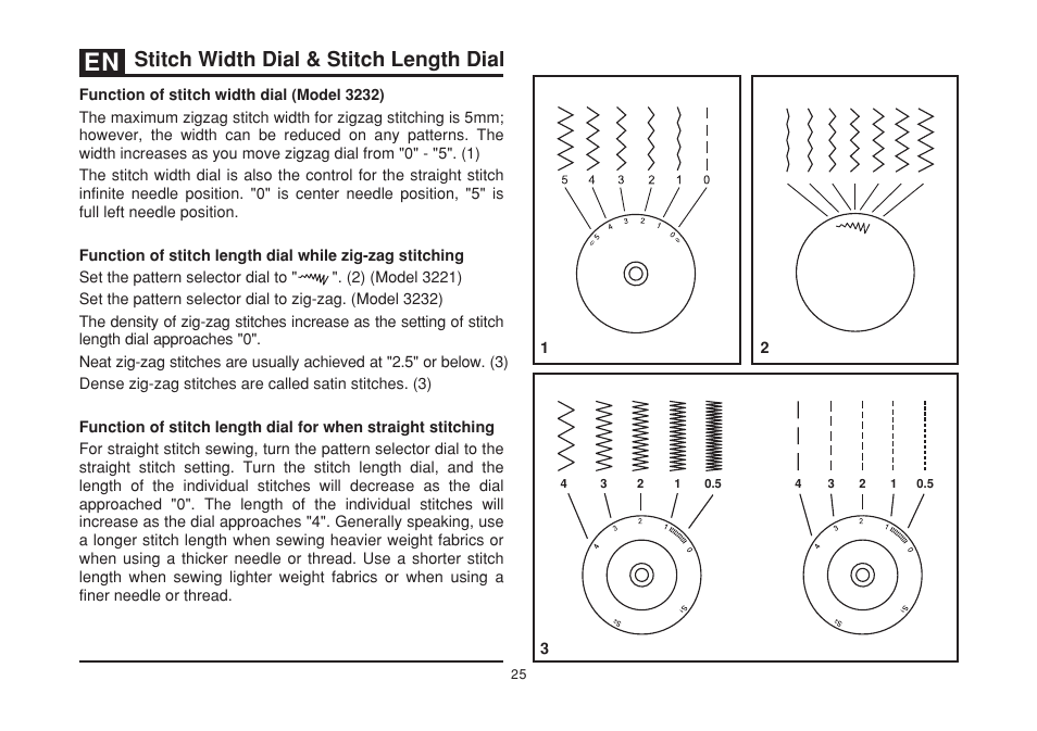 Stitch width dial & stitch length dial | SINGER 3232 SIMPLE User Manual | Page 32 / 64