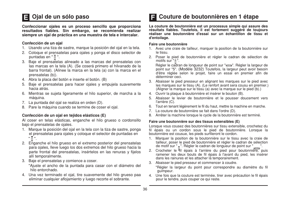 Ojal de un sólo paso, Couture de boutonnières en 1 étape | SINGER 3232 SIMPLE User Manual | Page 43 / 64