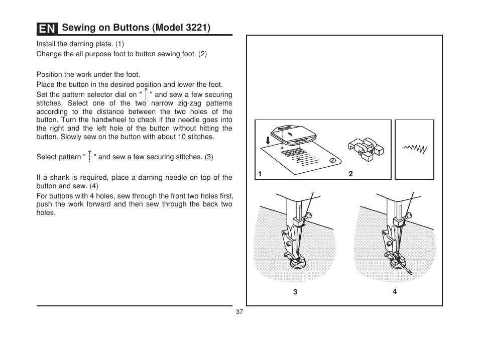 Sewing on buttons (model 3221) | SINGER 3232 SIMPLE User Manual | Page 44 / 64