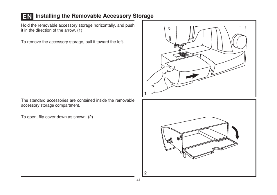 Installing the removable accessory storage | SINGER 3232 SIMPLE User Manual | Page 48 / 64