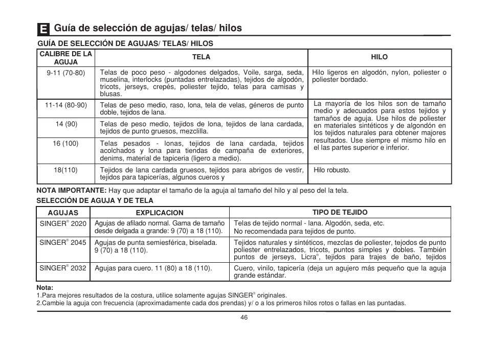 Agujas/ telas/ hilos guía de selección de | SINGER 3232 SIMPLE User Manual | Page 53 / 64
