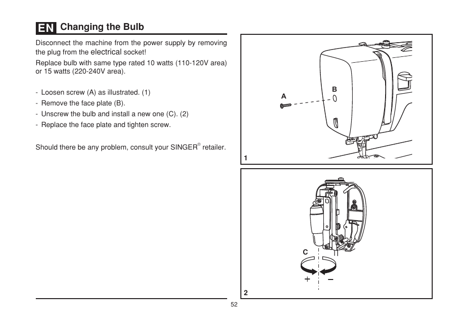 Changing the bulb | SINGER 3232 SIMPLE User Manual | Page 59 / 64