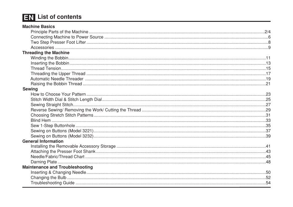 List of contents | SINGER 3232 SIMPLE User Manual | Page 6 / 64