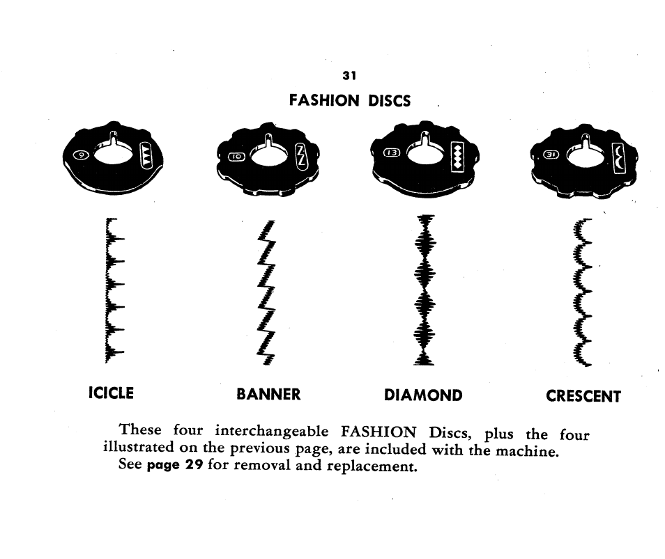Fashion discs, Icicle, Banner | Diamond, Crescent, For removal and replacement | SINGER 1360 Style-O-Matic User Manual | Page 33 / 82