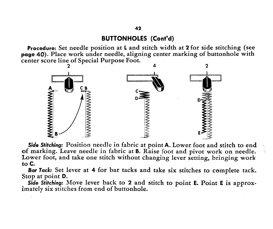 Set needle position at, And stitch width at, For side stitching (see | Position needle in fabric at point | SINGER 1360 Style-O-Matic User Manual | Page 44 / 82