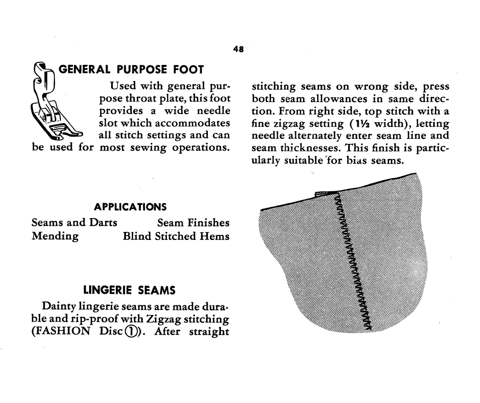 General purpose foot, Lingerie seams | SINGER 1360 Style-O-Matic User Manual | Page 50 / 82