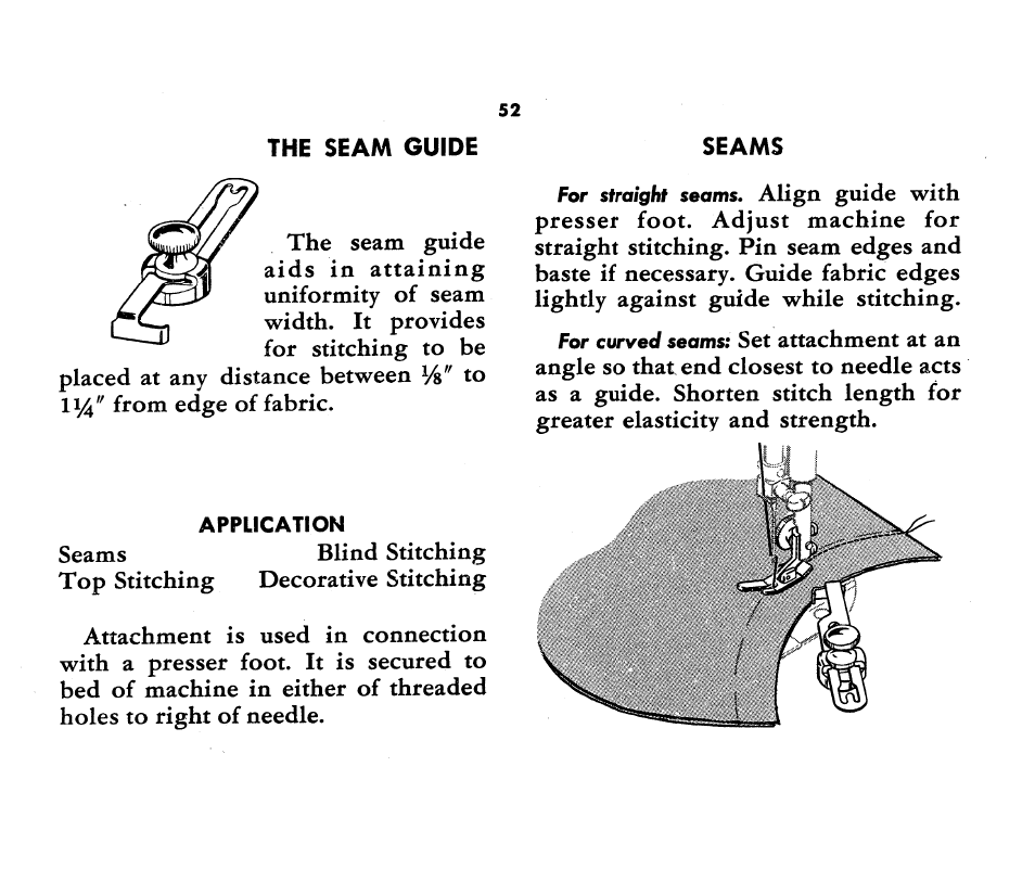 The seam guide, Seams | SINGER 1360 Style-O-Matic User Manual | Page 54 / 82