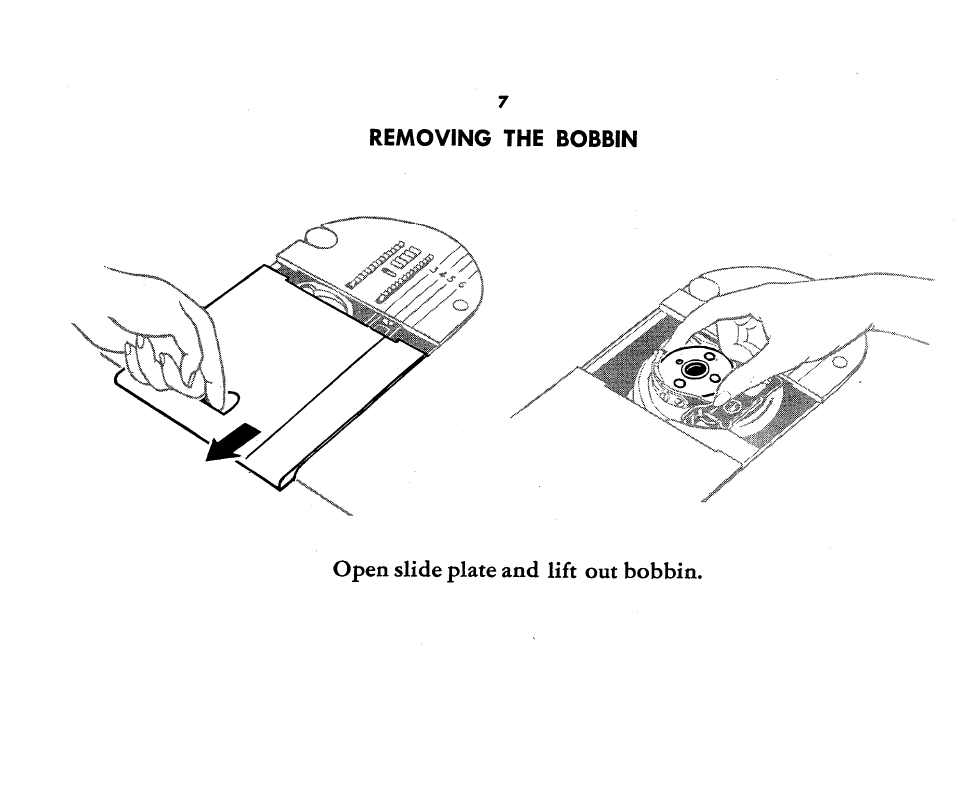 Open slide plate and lift out bobbin | SINGER 1360 Style-O-Matic User Manual | Page 9 / 82