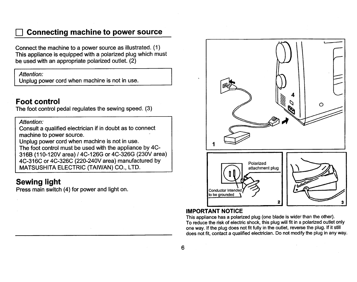 Foot control, Sewing light, Connecting machine to power source | SINGER 3810 User Manual | Page 10 / 62
