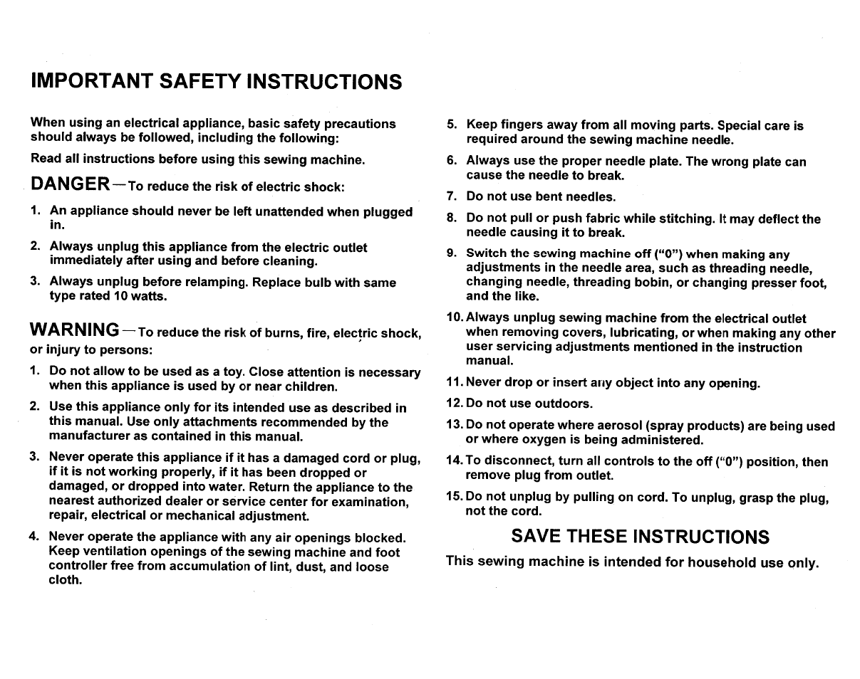 Important safety instructions, Save these instructions, Danger | Warning | SINGER 3810 User Manual | Page 3 / 62