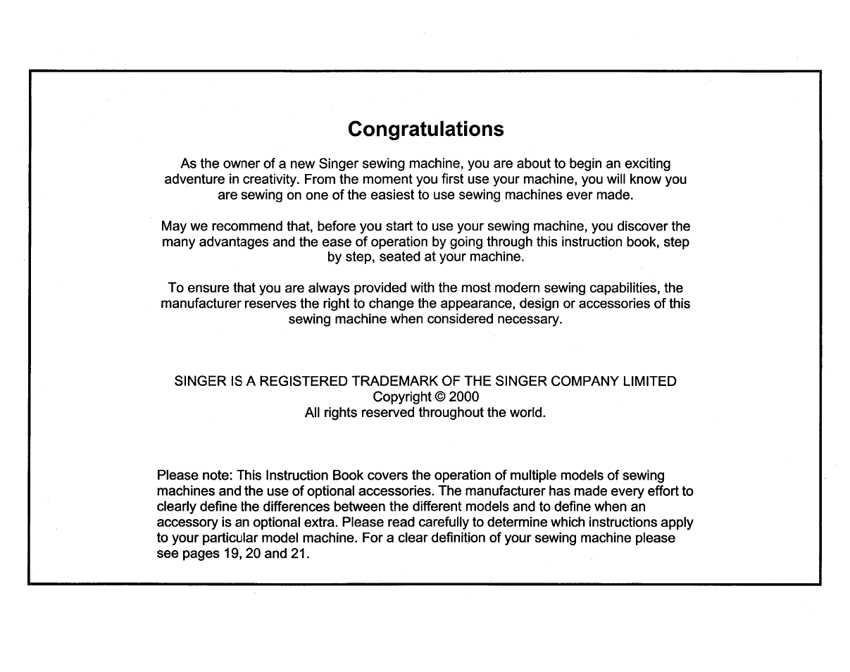 Congratulations | SINGER 3810 User Manual | Page 4 / 62