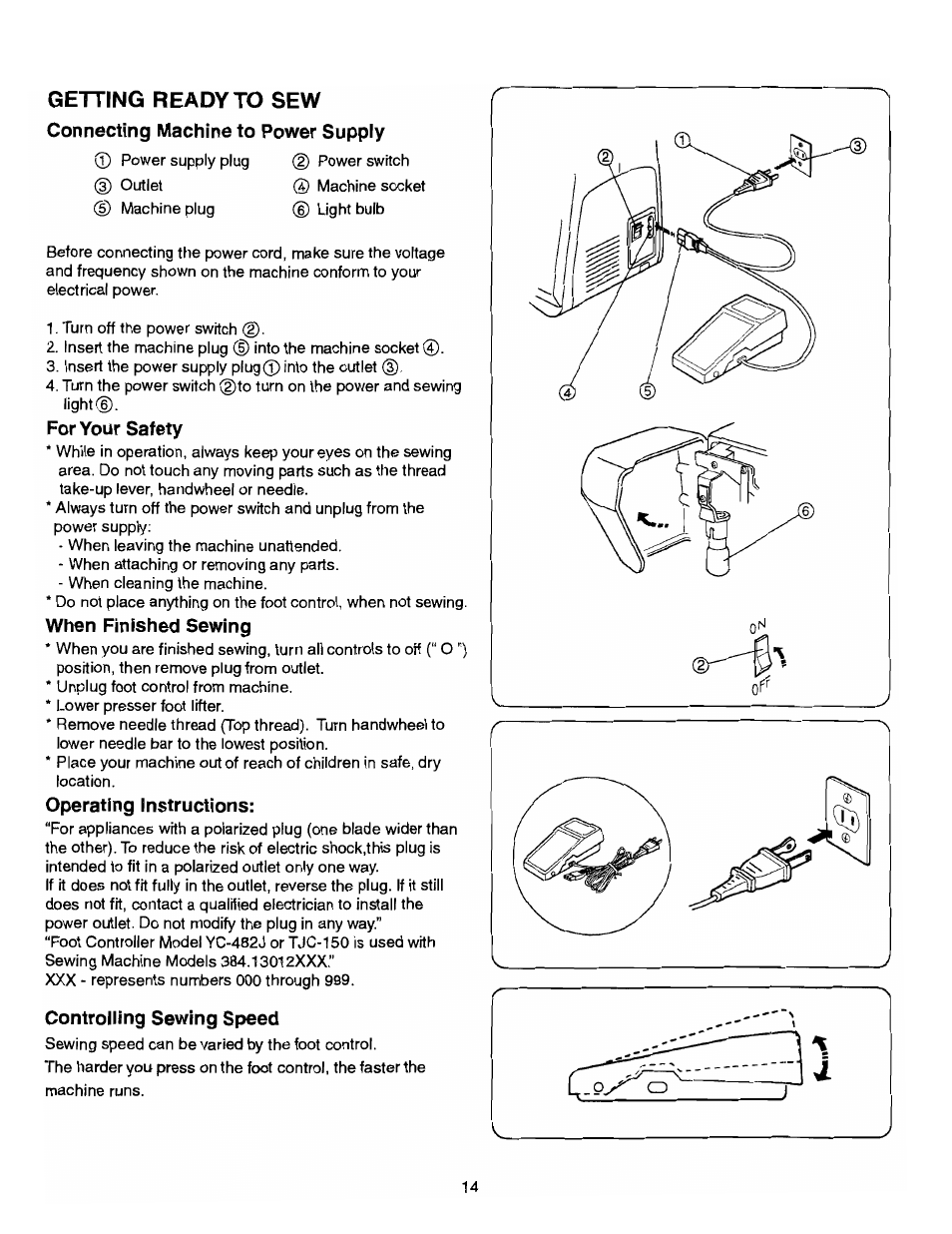 Getting ready to sew, Connecting machine to power supply, For your safety | When finished sewing, Operating instructions, Controlling sewing speed, When finished sewing operating instructions | SINGER 384.13012 (Sold at Sears) User Manual | Page 14 / 79