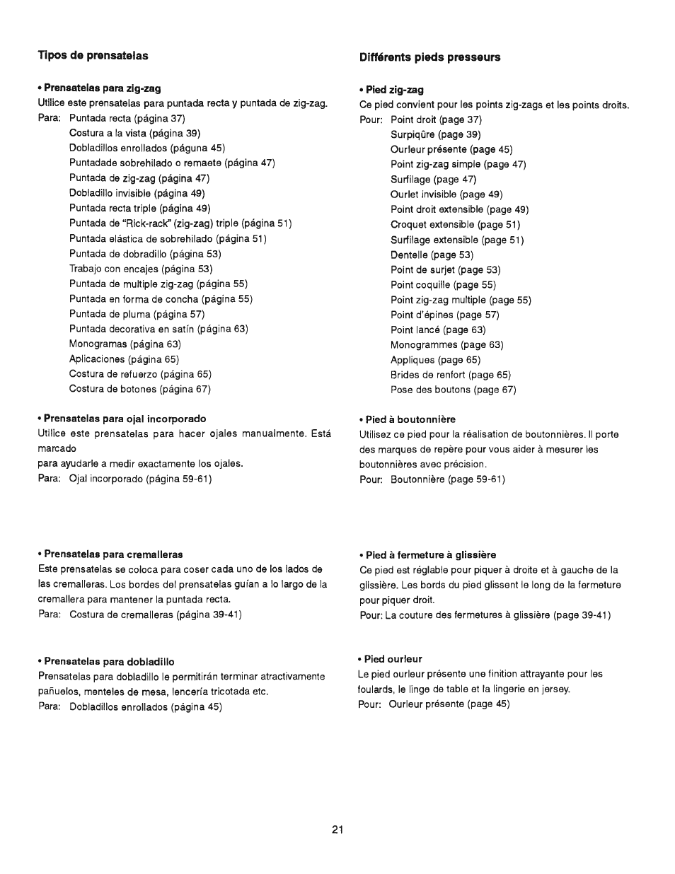 Différents pieds presseurs | SINGER 384.13012 (Sold at Sears) User Manual | Page 21 / 79