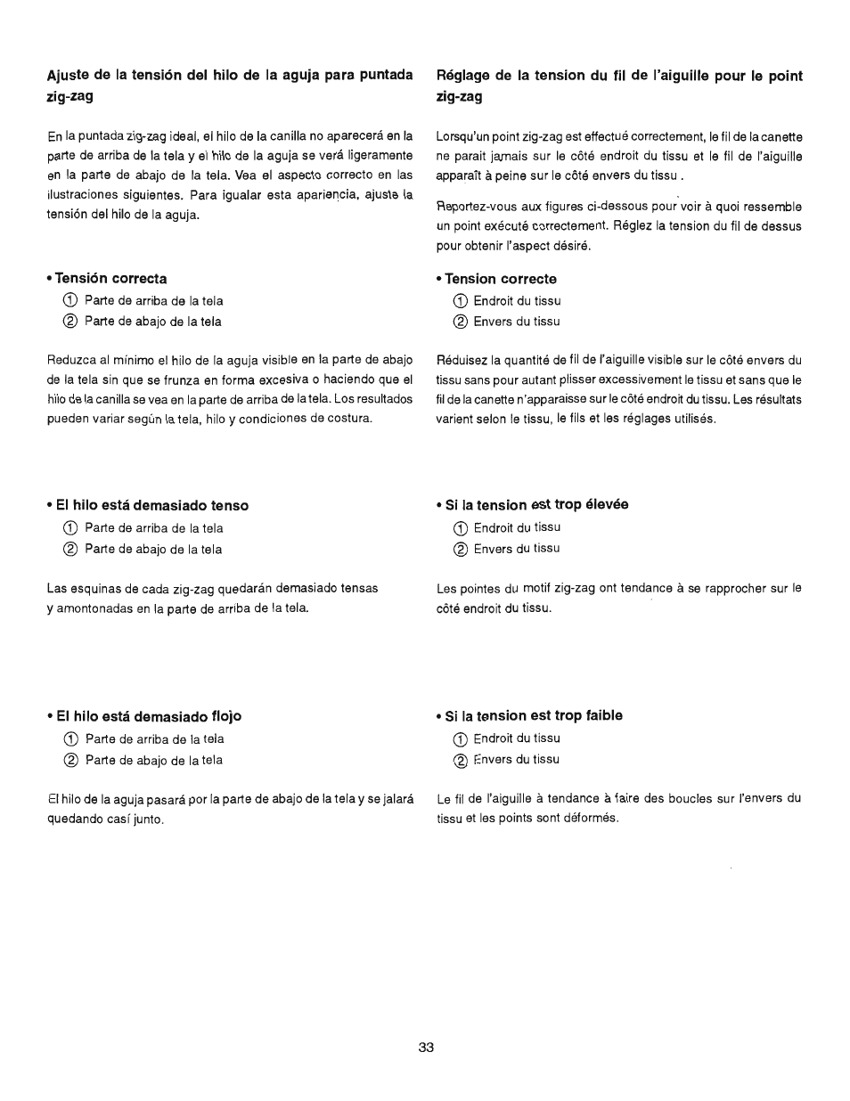 Tensión correcta, Tension correcte, Ei hilo está demasiado tenso | Si la tension est trop élevée, Ei hilo está demasiado flojo, Si la tension est trop faible, El hilo está demasiado tenso, El hilo está demasiado flojo | SINGER 384.13012 (Sold at Sears) User Manual | Page 33 / 79