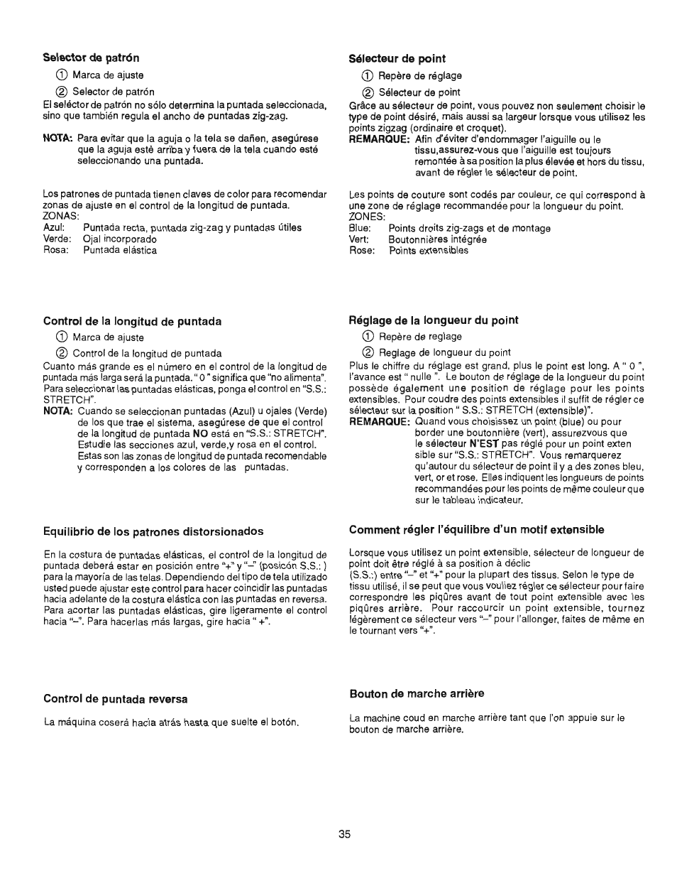 Selector de patrón, Sélecteur de point, Control de la longitud de puntada | Réglage de la longueur du point, Equilìbrio de los patrones distorsionados, Comment régler l'équilibre d'un motif extensible, Control de puntada reversa, Bouton de marche arrière, Equilibrio de los patrones distorsionados, Comment régler l’équilibre d’un motif extensible | SINGER 384.13012 (Sold at Sears) User Manual | Page 35 / 79