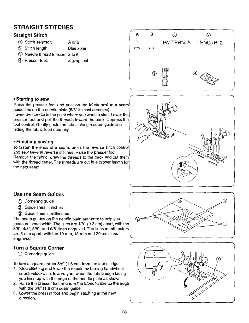 Straight stitches, Straight stitch, Use the seam guides | Turn a square corner, Use the seam guides turn a square corner | SINGER 384.13012 (Sold at Sears) User Manual | Page 36 / 79