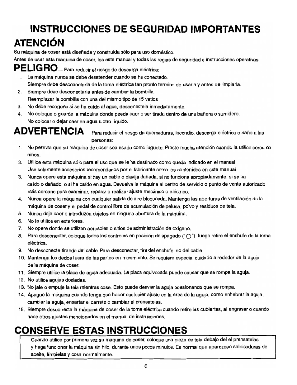 Instrucciones de seguridad importantes atencion, Peligro, Advertencia | Conserve estas instrucciones | SINGER 384.13012 (Sold at Sears) User Manual | Page 6 / 79