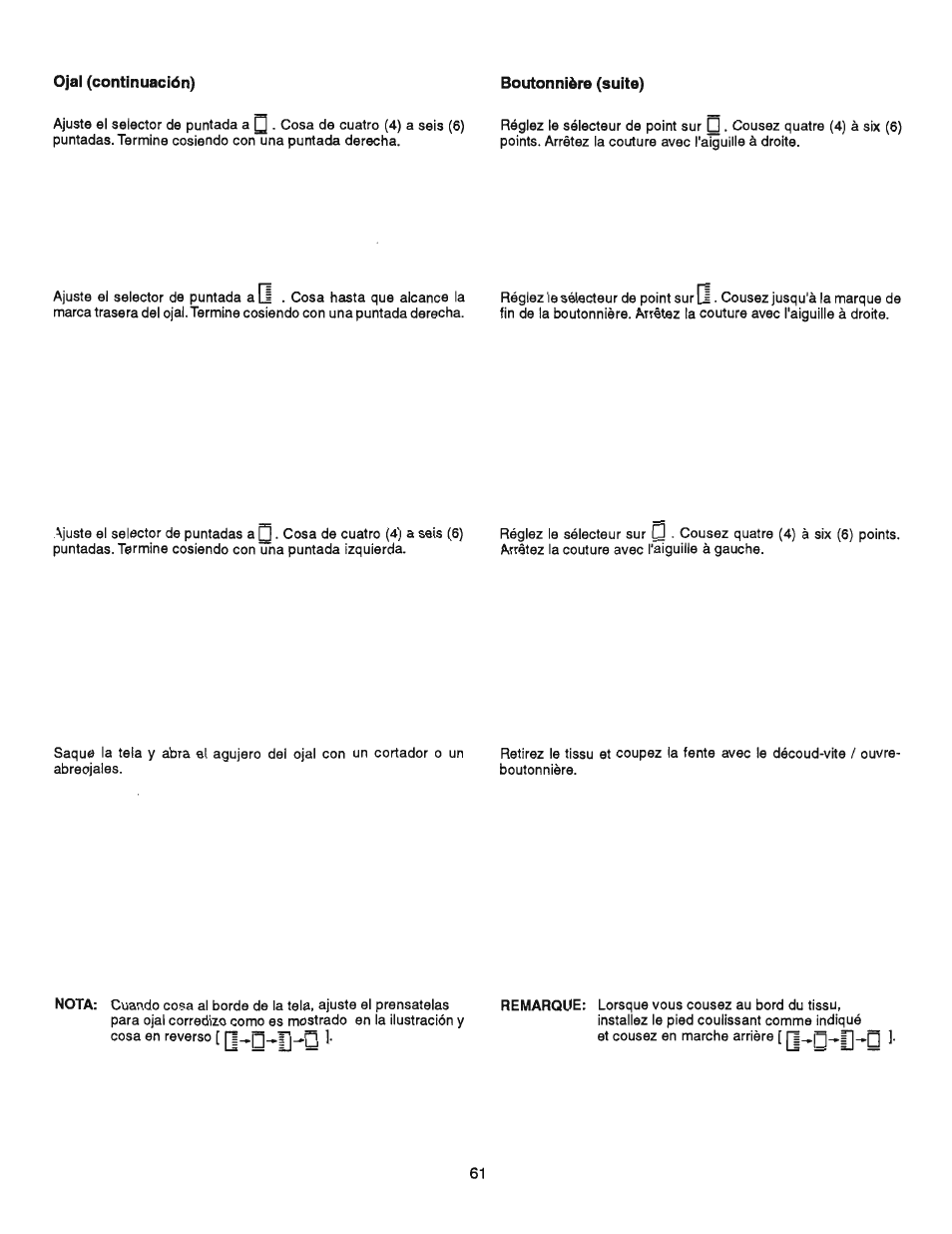 Ojal (continuación), Boutonnière (suite) | SINGER 384.13012 (Sold at Sears) User Manual | Page 61 / 79