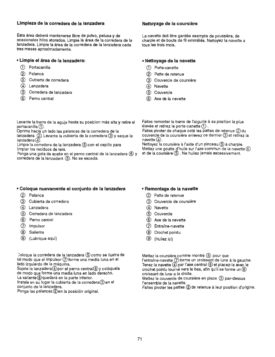 Limpie el área de la lanzadera, Coloque nuevamente el conjunto de la lanzadera, Limpieza de la corredera de la lanzadera | SINGER 384.13012 (Sold at Sears) User Manual | Page 71 / 79