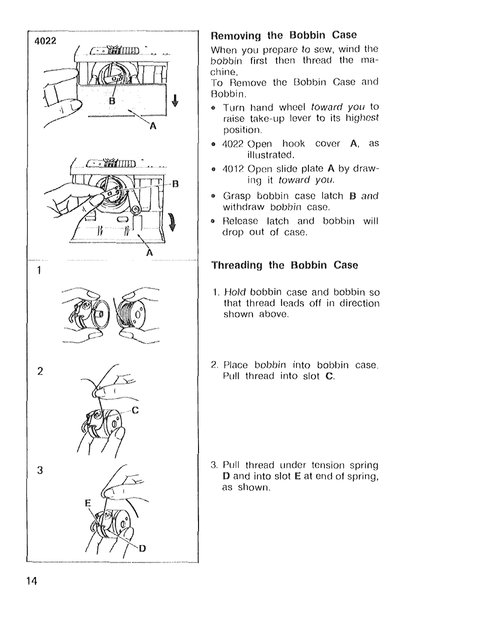 Removing the bobbin case, Threading the bobbin case | SINGER 4022 User Manual | Page 16 / 56