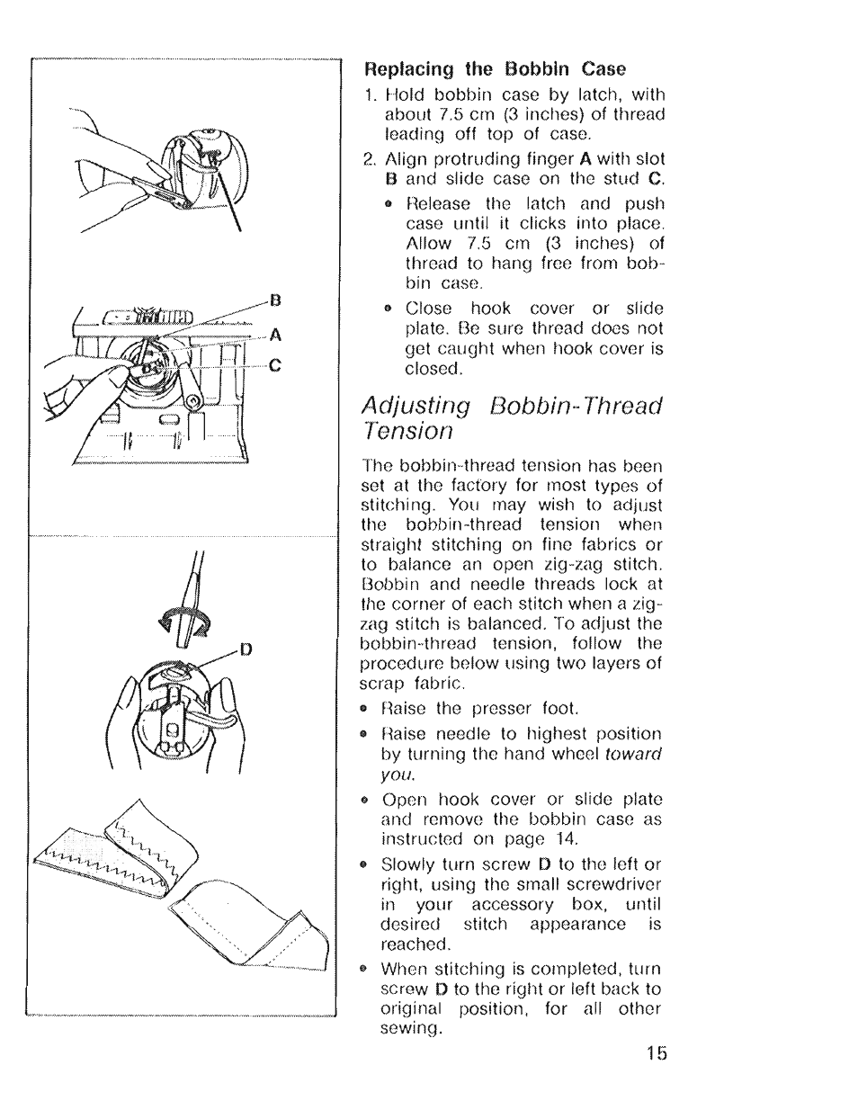 Replacing the bobbin case, Adjusting bobbin-thread tension | SINGER 4022 User Manual | Page 17 / 56