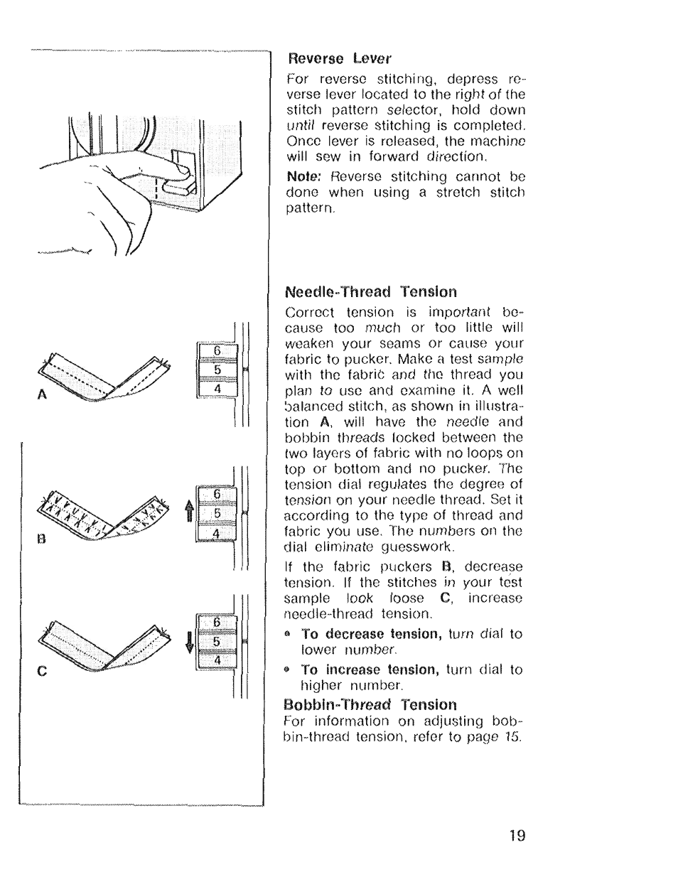 Reverse lever, Needle^thread tension | SINGER 4022 User Manual | Page 21 / 56