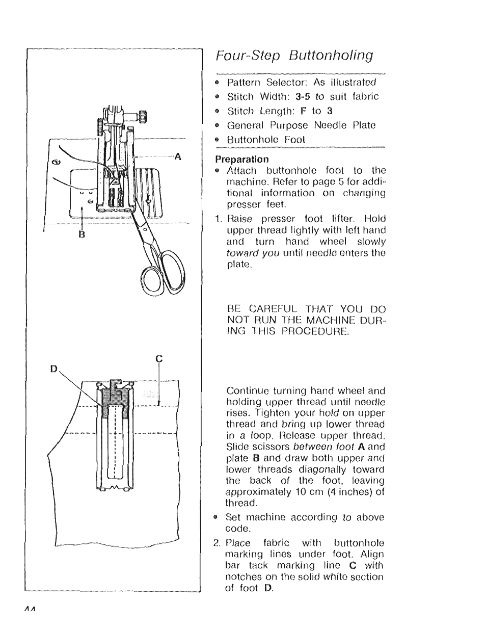 Four-step buttonholing | SINGER 4022 User Manual | Page 46 / 56