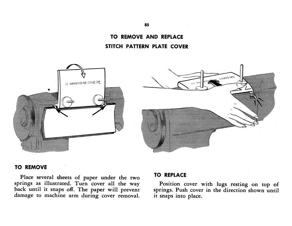 To remove and replace stitch pattern plate cover, To remove, To replace | SINGER 401A User Manual | Page 103 / 116