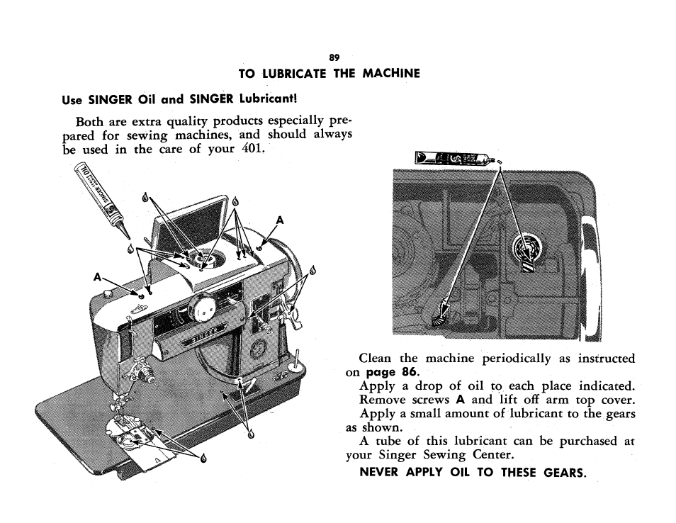 To lubricate the machine, Use singer oil and singer lubncantl, Never apply oil to these gears | SINGER 401A User Manual | Page 107 / 116