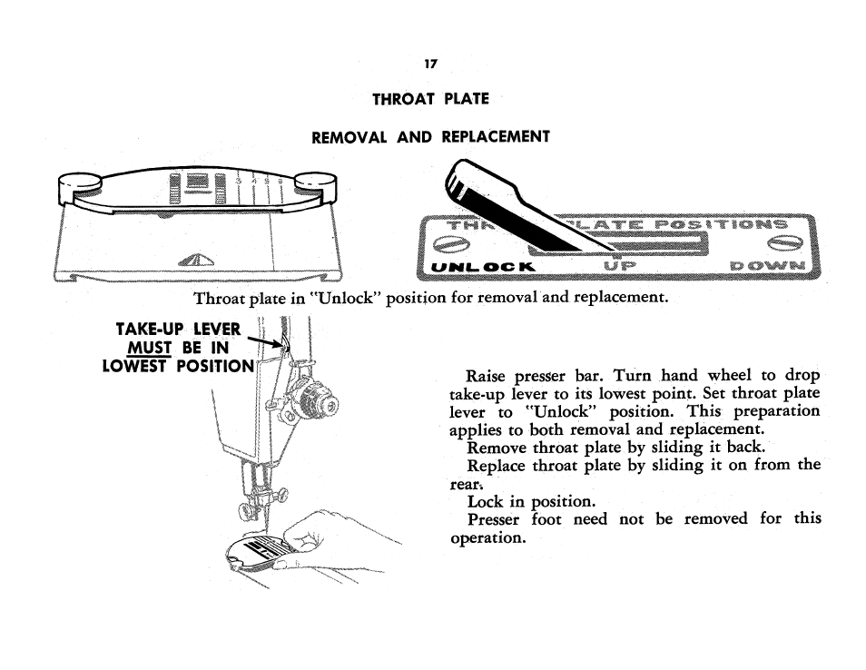 Throat plate, Removal and replacement | SINGER 401A User Manual | Page 19 / 116