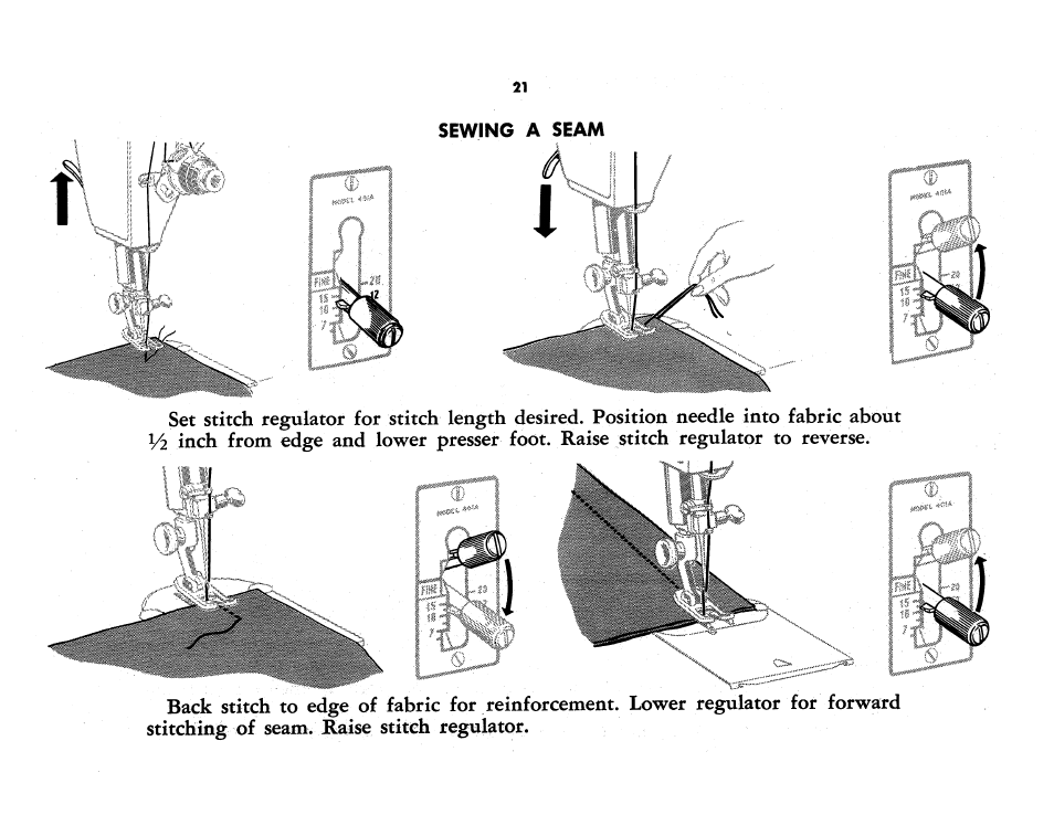 Sewing a seam | SINGER 401A User Manual | Page 23 / 116