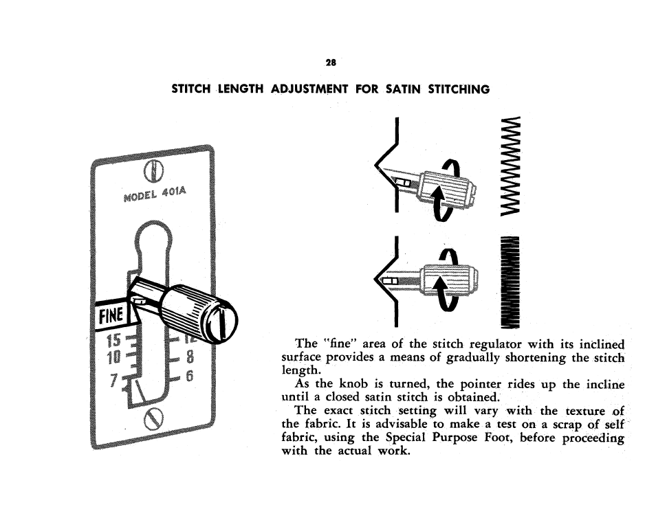 Stitch length adjustment for satin stitching | SINGER 401A User Manual | Page 30 / 116