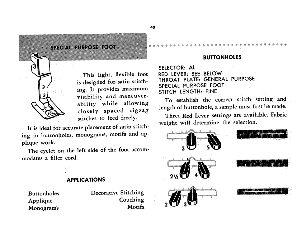 Special purpose foot, Applications, Buttonholes | SINGER 401A User Manual | Page 42 / 116