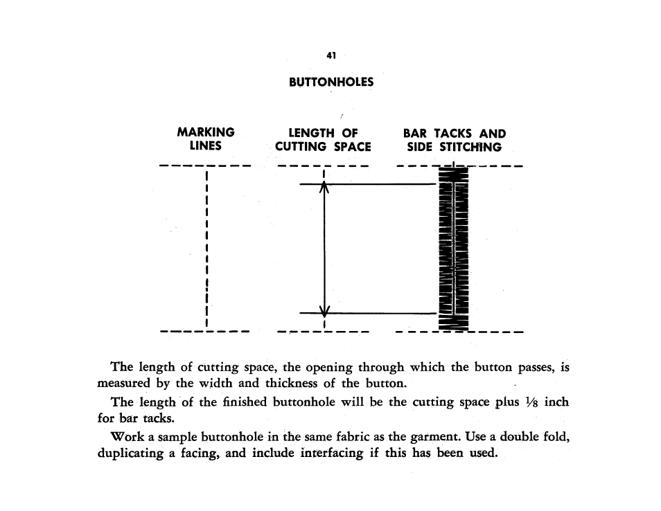 Length of cutting space, Bar tacks and side stitching | SINGER 401A User Manual | Page 43 / 116