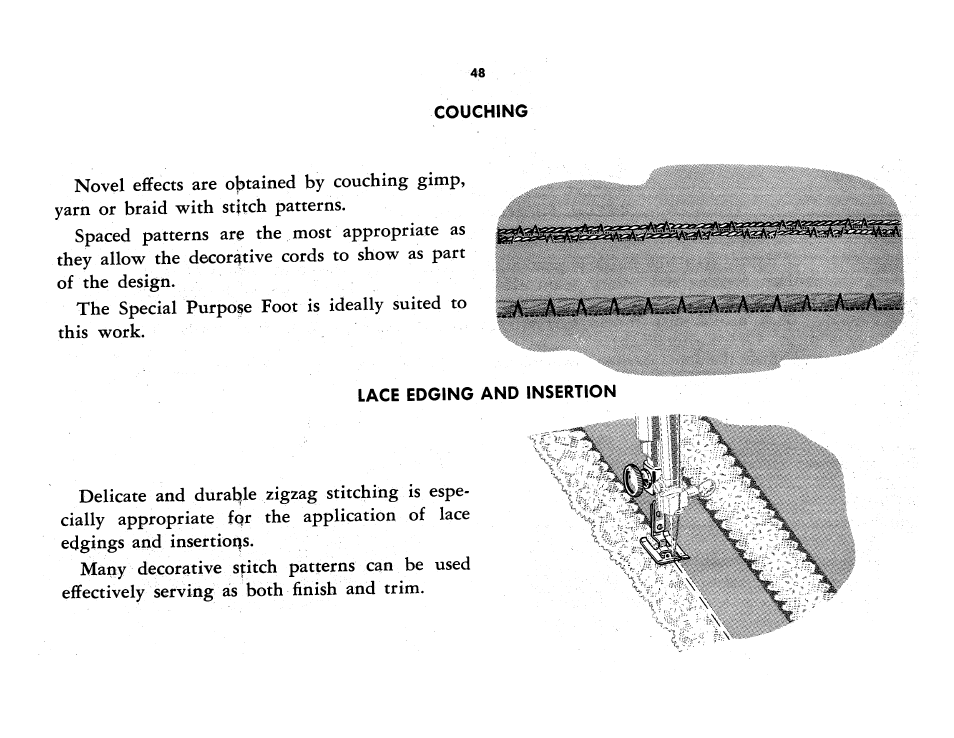 Couching, Lace edging and insertion | SINGER 401A User Manual | Page 50 / 116