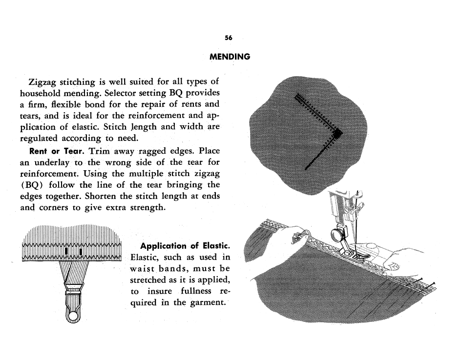 Mending, Appucation of elastic | SINGER 401A User Manual | Page 74 / 116