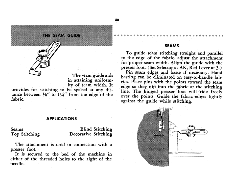 The seam guide, Applications, Seams | SINGER 401A User Manual | Page 76 / 116