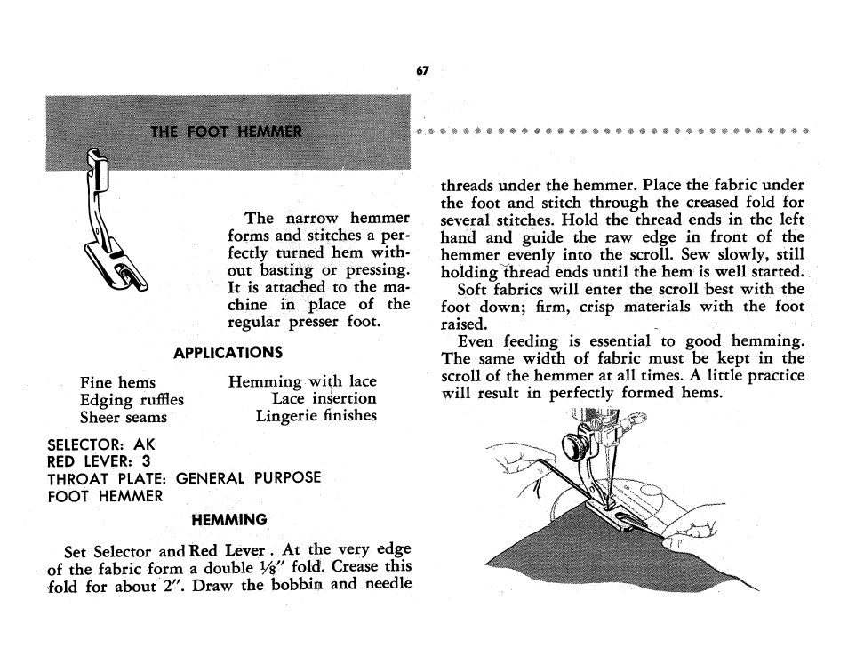 The foot hemmer, Applications, Hemming | SINGER 401A User Manual | Page 85 / 116