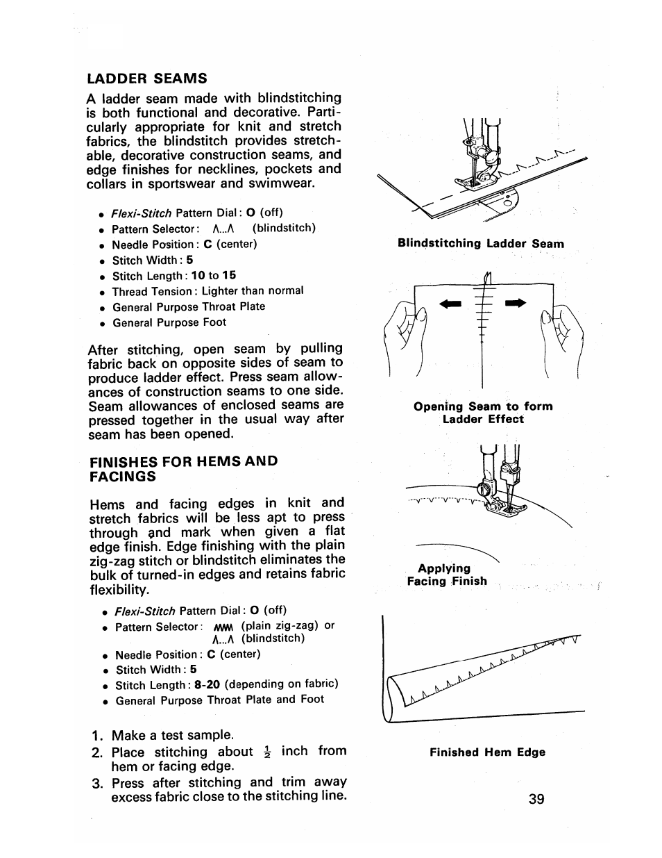 Finishes for hems and facings, Ladder seams | SINGER 413 User Manual | Page 41 / 64