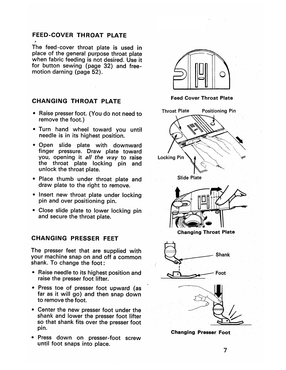Feed-cover throat plate, Changing throat plate, Changing presser feet | SINGER 413 User Manual | Page 9 / 64
