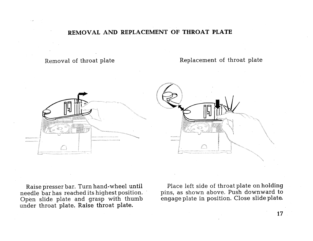 Removal and replacement of throat plate | SINGER 414 User Manual | Page 19 / 64