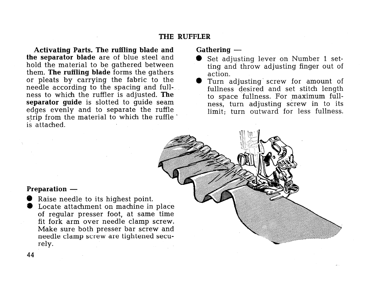 The ruffling blade, The separator guide, Preparation | SINGER 414 User Manual | Page 46 / 64