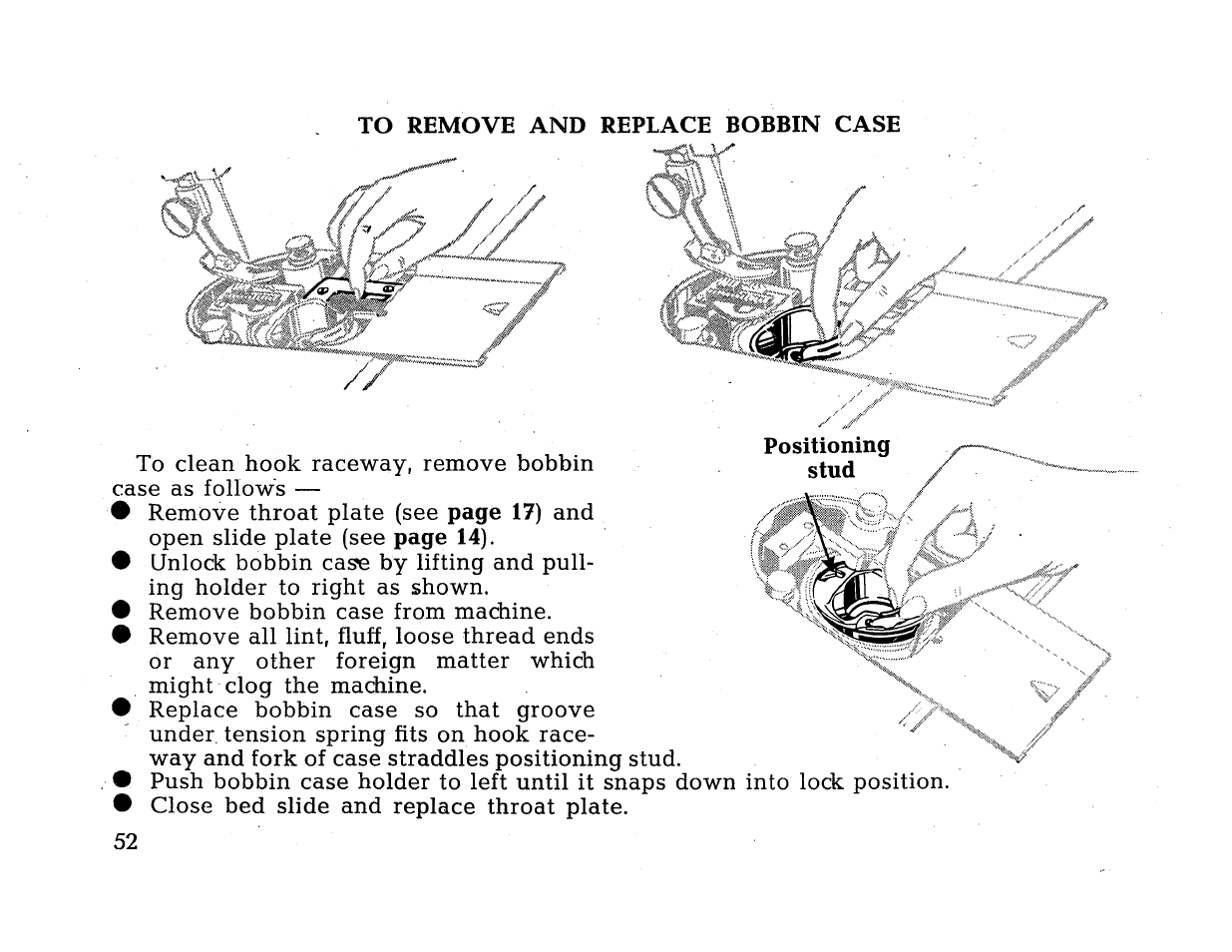 Positioning stud, Page 17), Page 14) | F y j, Remove bobbin, And open slide plate (see | SINGER 414 User Manual | Page 54 / 64