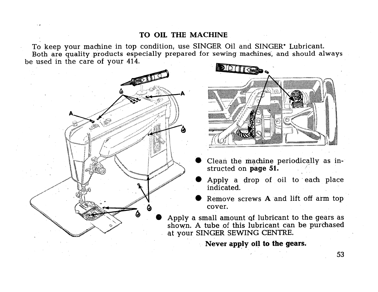 Page 51, Never apply oil to the gears | SINGER 414 User Manual | Page 55 / 64