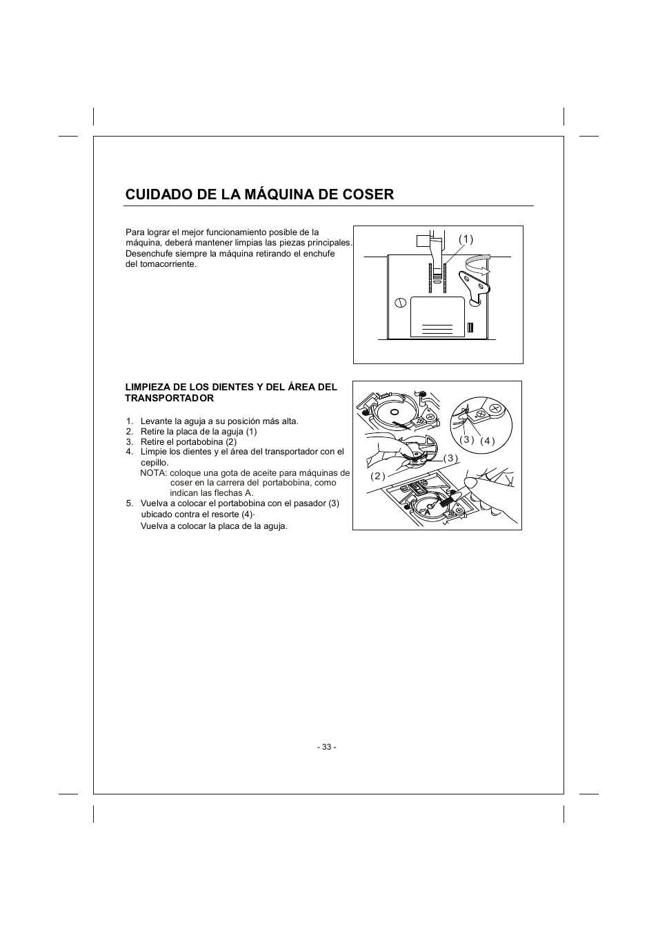 頁面 33, Cuidado, Máquina | Coser | SINGER 4166 User Manual | Page 102 / 104