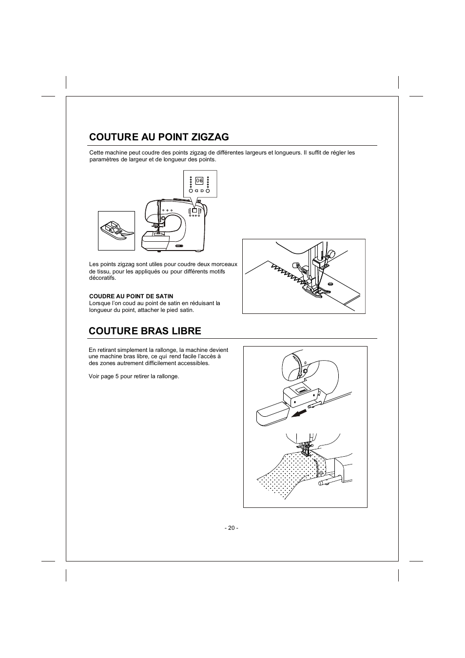 頁面 20, Couture au point zigzag, Couture bras | Libre | SINGER 4166 User Manual | Page 54 / 104