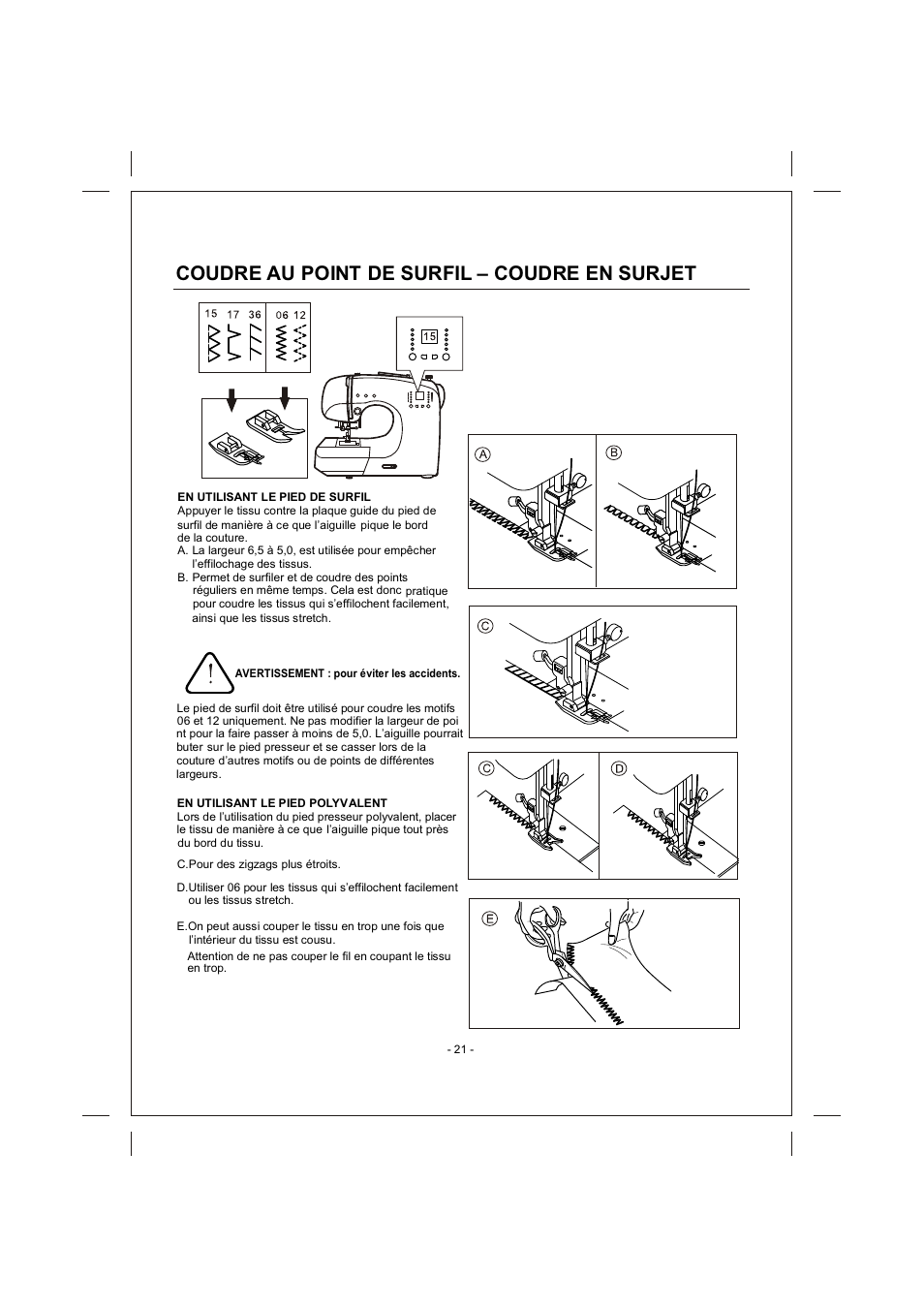 頁面 21, Coudre au point de surfil – coudre en surjet | SINGER 4166 User Manual | Page 55 / 104