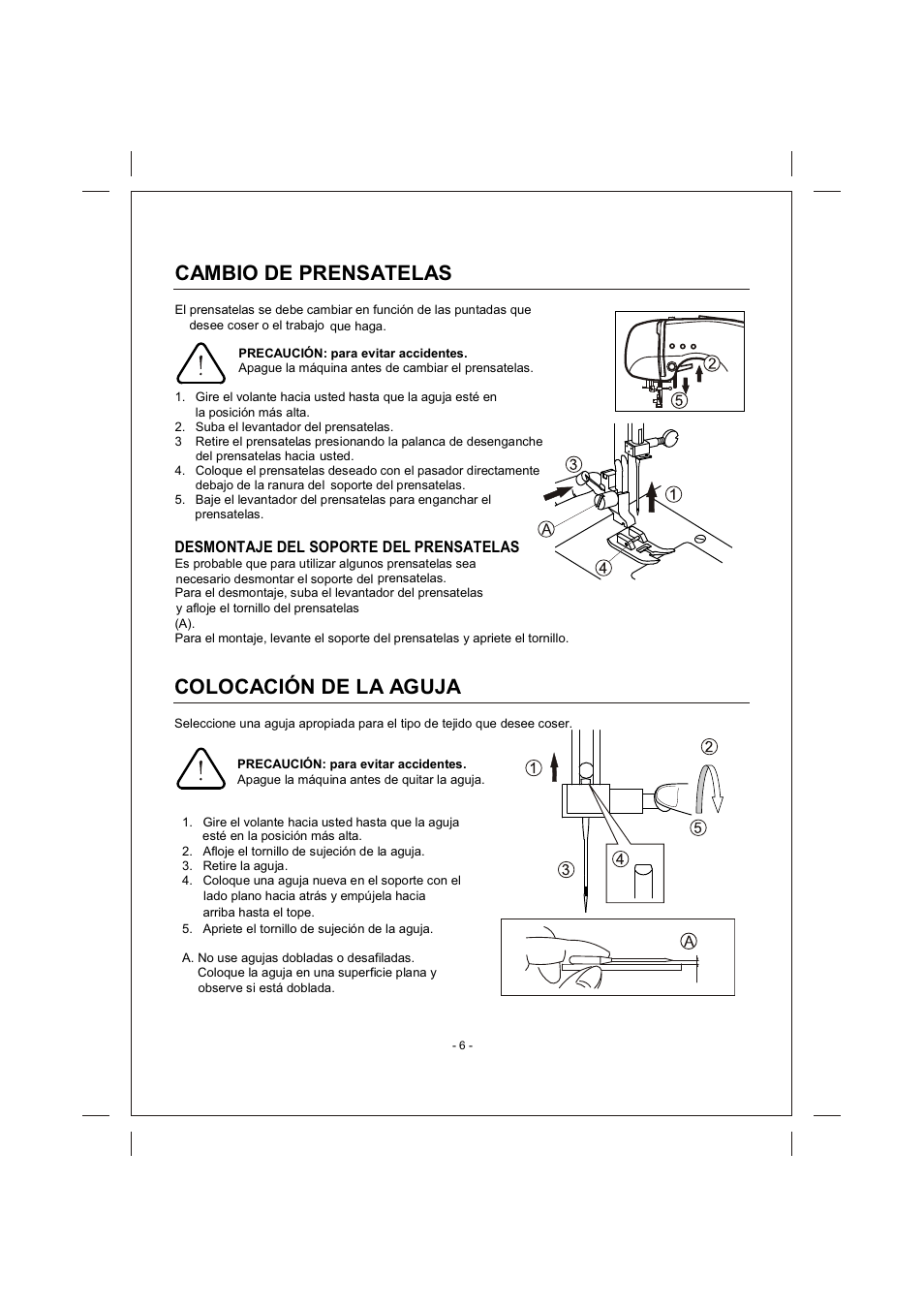 頁面 6, Cambio, Prensatelas | Colocación de, Aguja | SINGER 4166 User Manual | Page 75 / 104