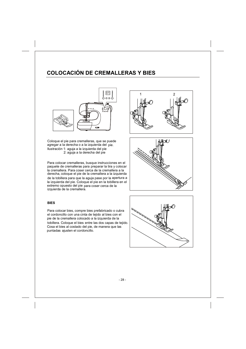 頁面 28, Colocación de, Cremalleras | Bies | SINGER 4166 User Manual | Page 97 / 104
