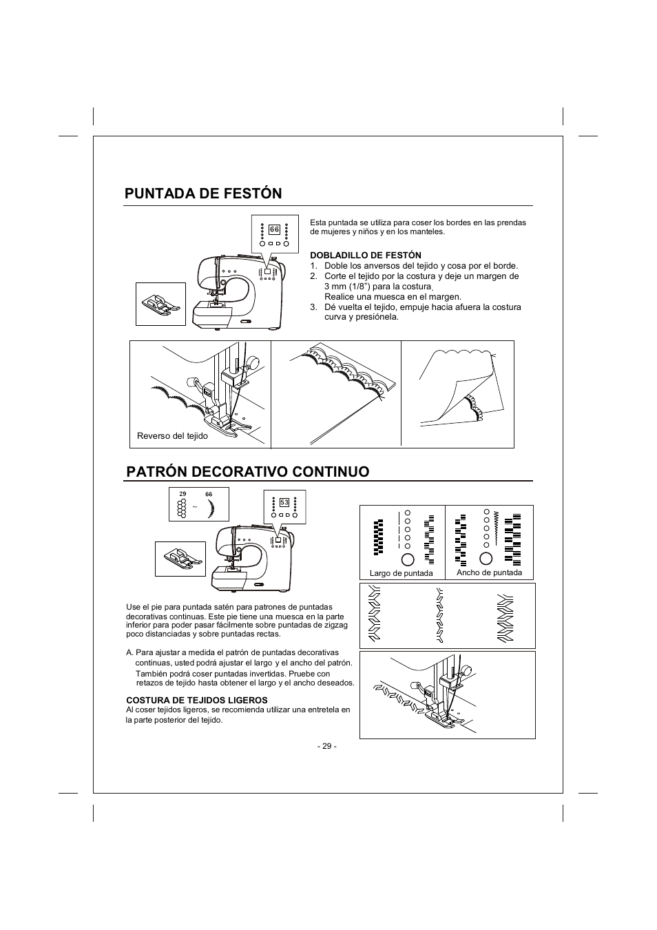 頁面 29, Puntada, Festón | Patrón, Decorativo, Continuo | SINGER 4166 User Manual | Page 98 / 104